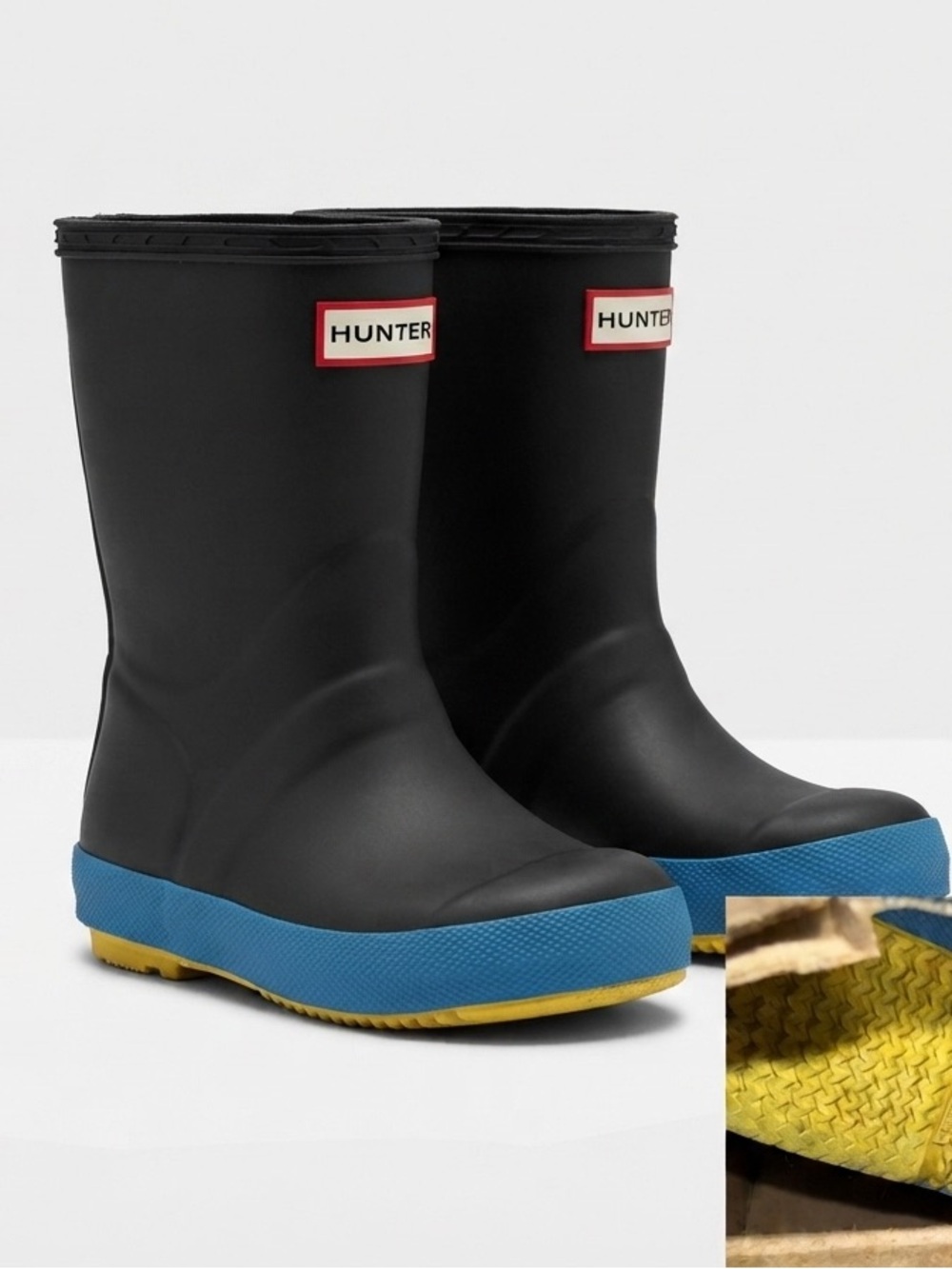 Hunter Black Rain Boots with Blue Midsole and Yellow Outsole